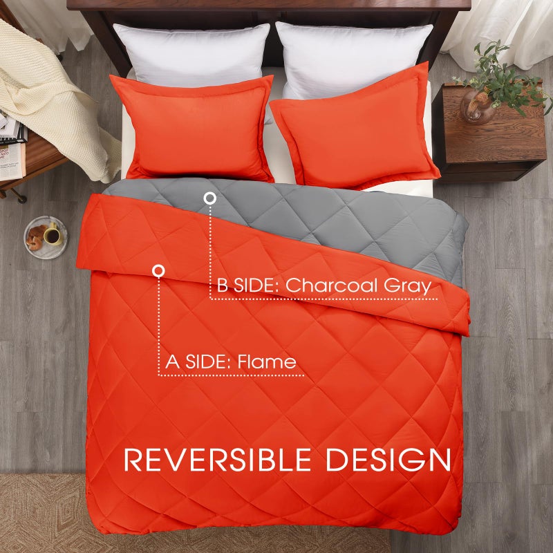 Basic Beyond King Size Comforter Set - Orange Reversible King Bed Comforter Set for All Seasons, Flame/Charcoal Gray, 1 Comforter (104"x92") and 2 Pillow Shams (20"x36"+2") - Image 3